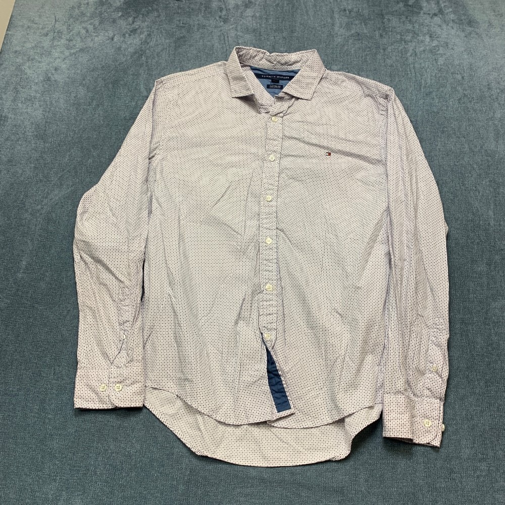 Tommy Hilfiger Shirt Mens Large White Blue Polka Dot Cotton Custom Fit Button Up
